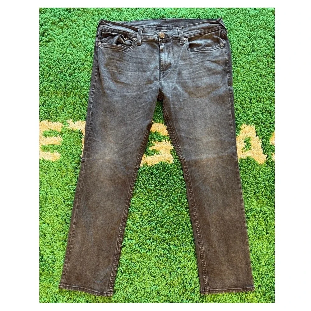 True Religion Jeans Mens 42 Black Excellent Faded Straight Leg Horseshoe Pocket